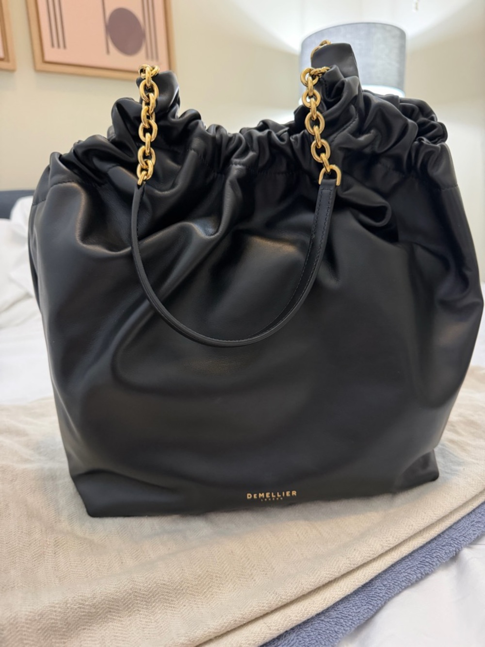 DeMellier Black Leather Ruched Tote with Gold Chain Straps